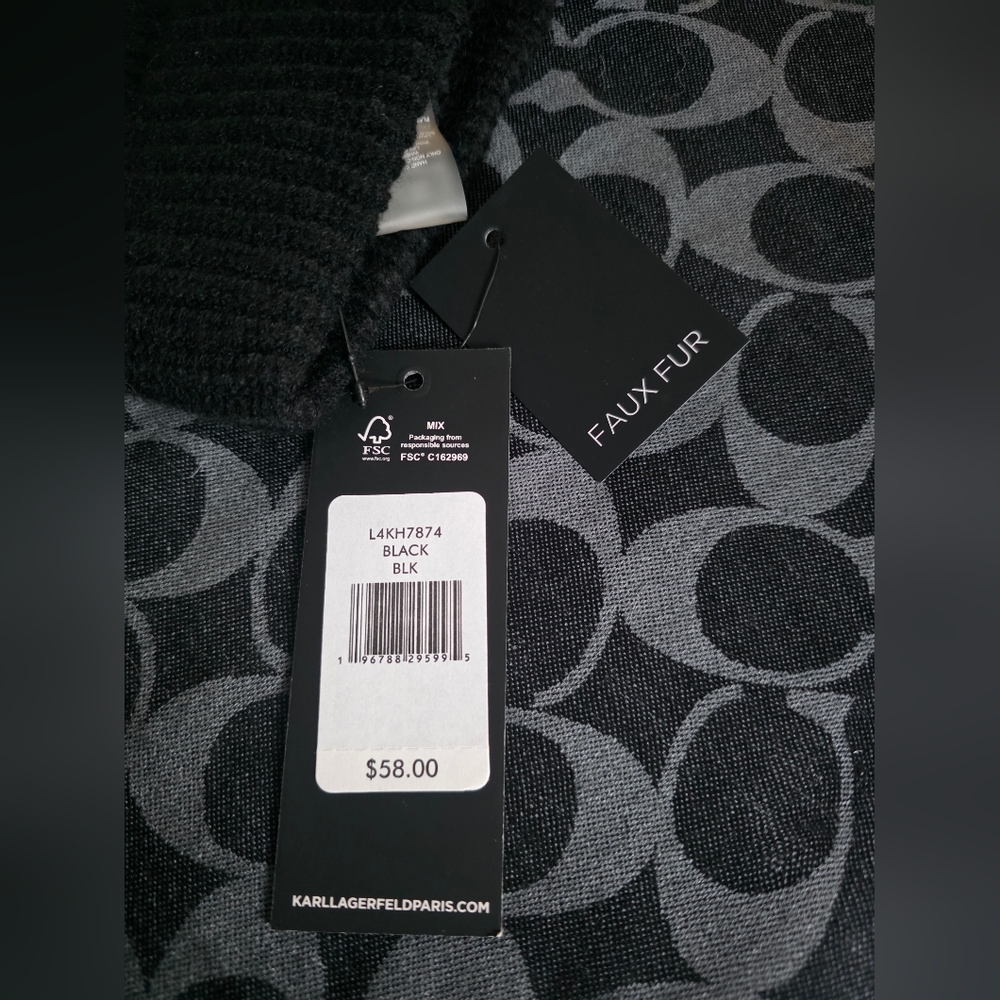 NWT Karl Lagerfeld Black Beanie Hat with Cartoon Patch And Faux Fur Pom - Picture 4 of 5